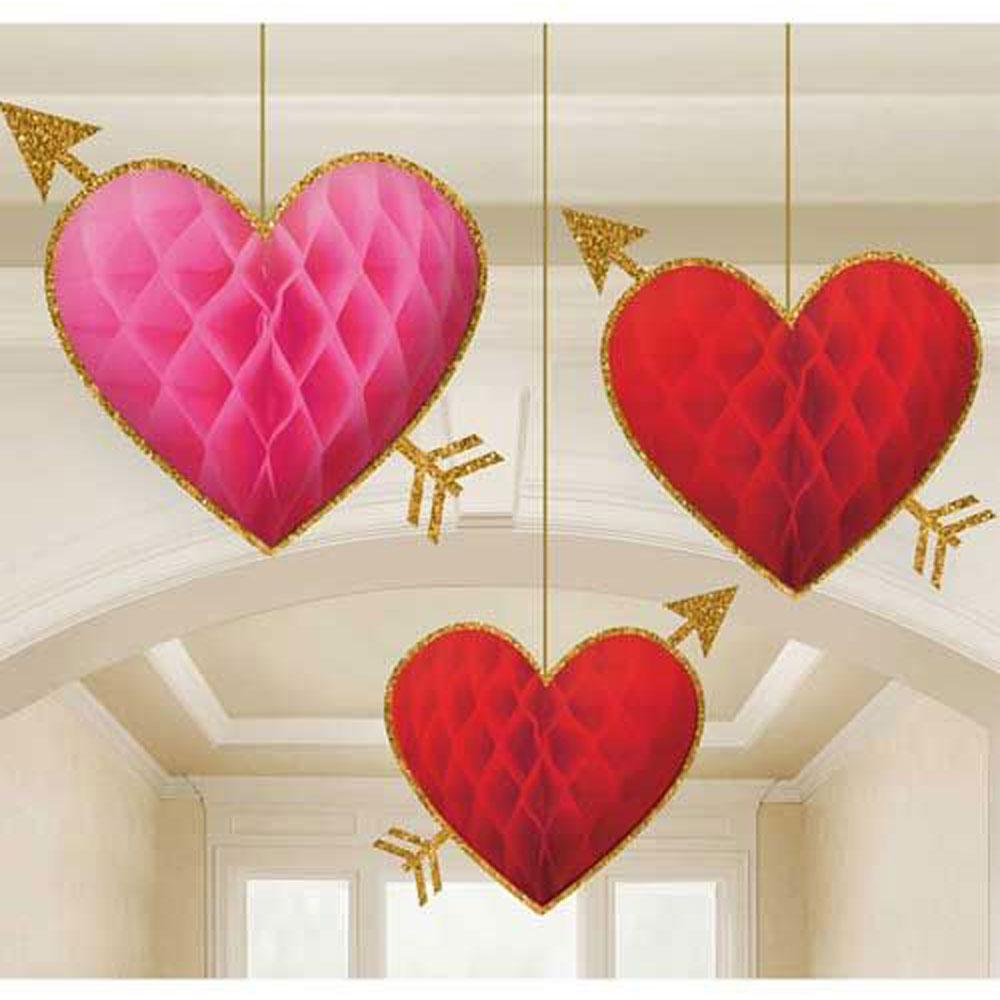 Red Heart Honeycomb Decoration 3pcs Decorations - Party Centre
