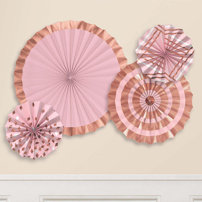 Rose Gold & Blush Paper Fans 4pcs Decorations - Party Centre