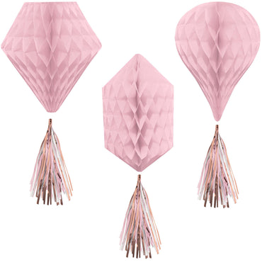 Rose Gold Mini Honeycomb With Foil Tassels 3pcs Decorations - Party Centre