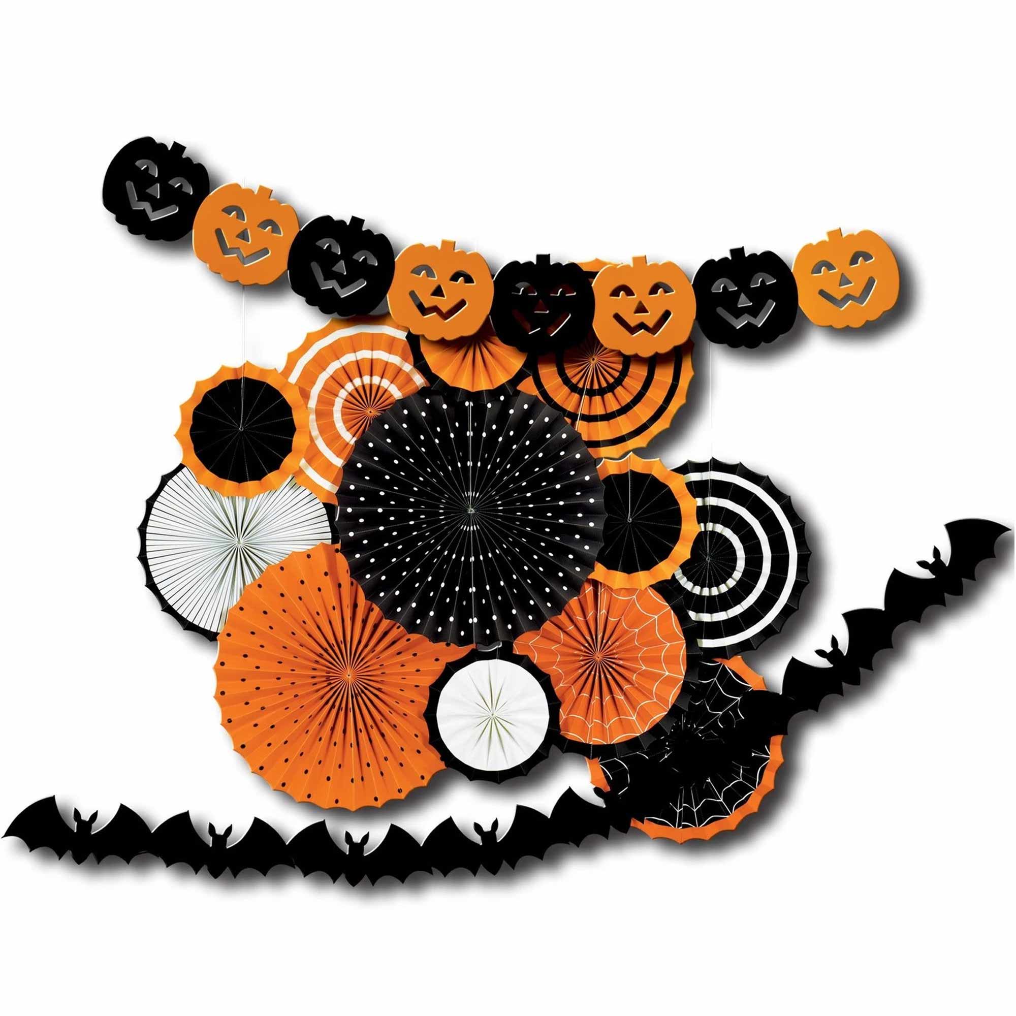 Orange Black Halloween Paper Fan Decorating Kit