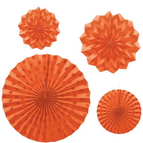 Orange Peel Dots & Chevron Glitter Paper Fans 4pcs Decorations - Party Centre