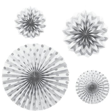 Frosty White Dots & Chevron Glitter Paper Fans 4pcs Decorations - Party Centre