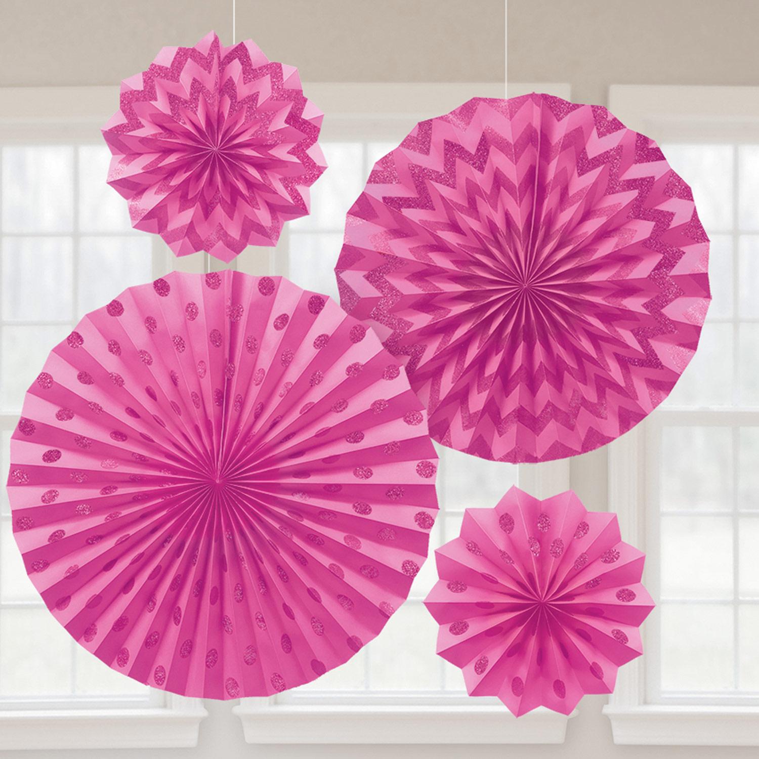 Bright Pink Glitter Paper Fans 4pcs Decorations - Party Centre