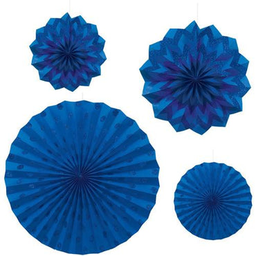 Bright Royal Blue Dots & Chevron Glitter Paper Fans 4pcs Decorations - Party Centre