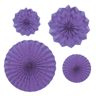 New Purple Dots and Chevron Glitter Paper Fans 4pcs Decorations - Party Centre