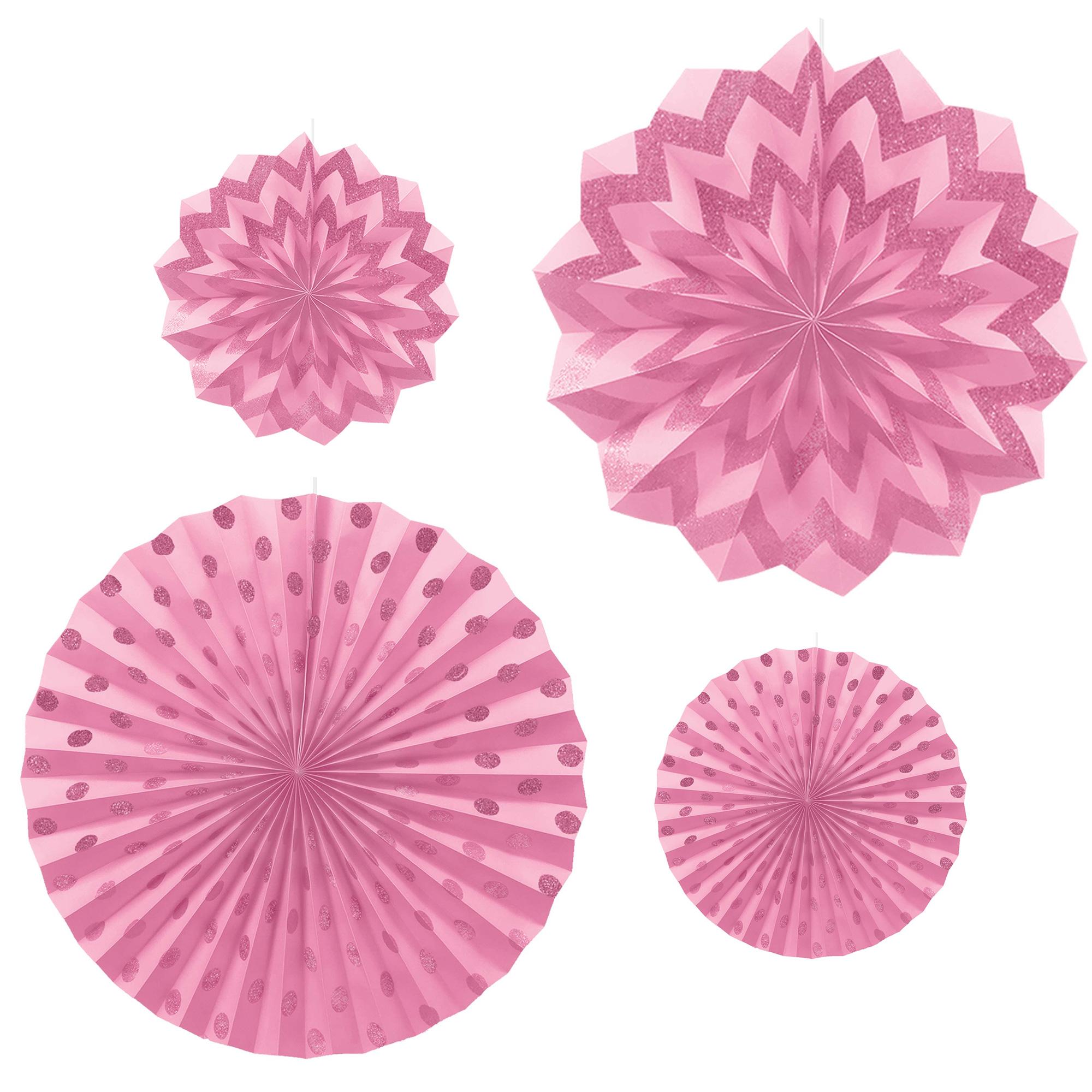 New Pink Dots & Chevron Glitter Paper Fans 4pcs Decorations - Party Centre