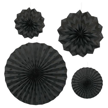 Jet Black Dots & Chevron Glitter Paper Fans 4pcs Decorations - Party Centre