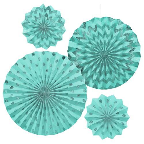Robin's Egg Blue Dots & Chevron Glitter Paper Fans 4pcs Decorations - Party Centre
