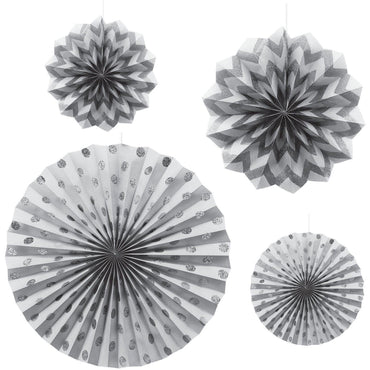 Silver Dots & Chevron Glitter Paper Fans 4pcs Decorations - Party Centre