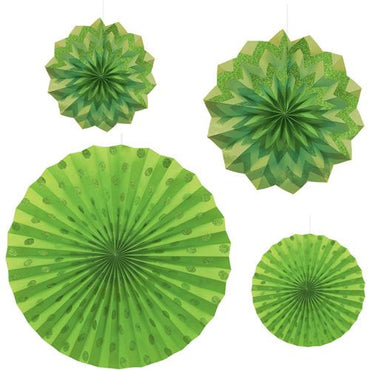 Kiwi Green Dots & Chevron Glitter Paper Fans 4pcs Decorations - Party Centre