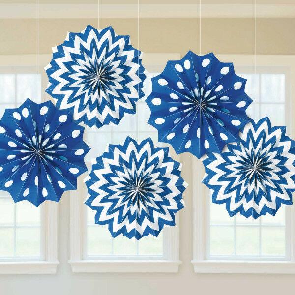 Bright Royal Blue Dots & Chevron Printed Paper Fan 8in 5pcs Decorations - Party Centre