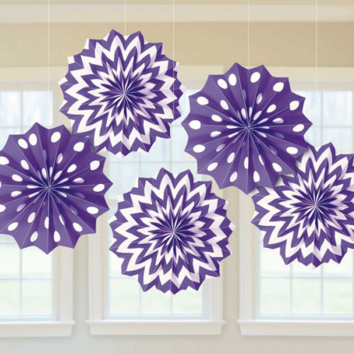 New Purple Dots and Chevron Printed Paper Fan 8in 5pcs Decorations - Party Centre