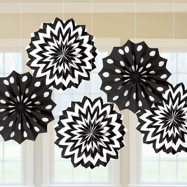 Jet Black Dots & Chevron Printed Paper Fan 8in 5pcs Decorations - Party Centre