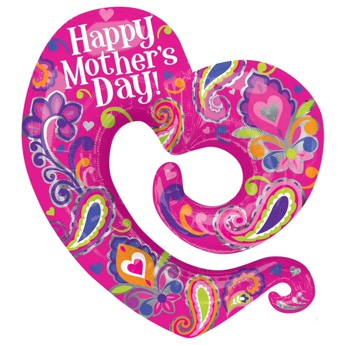 Happy Mothers Day Swirly Open Heart SuperShape 30in Balloons & Streamers - Party Centre