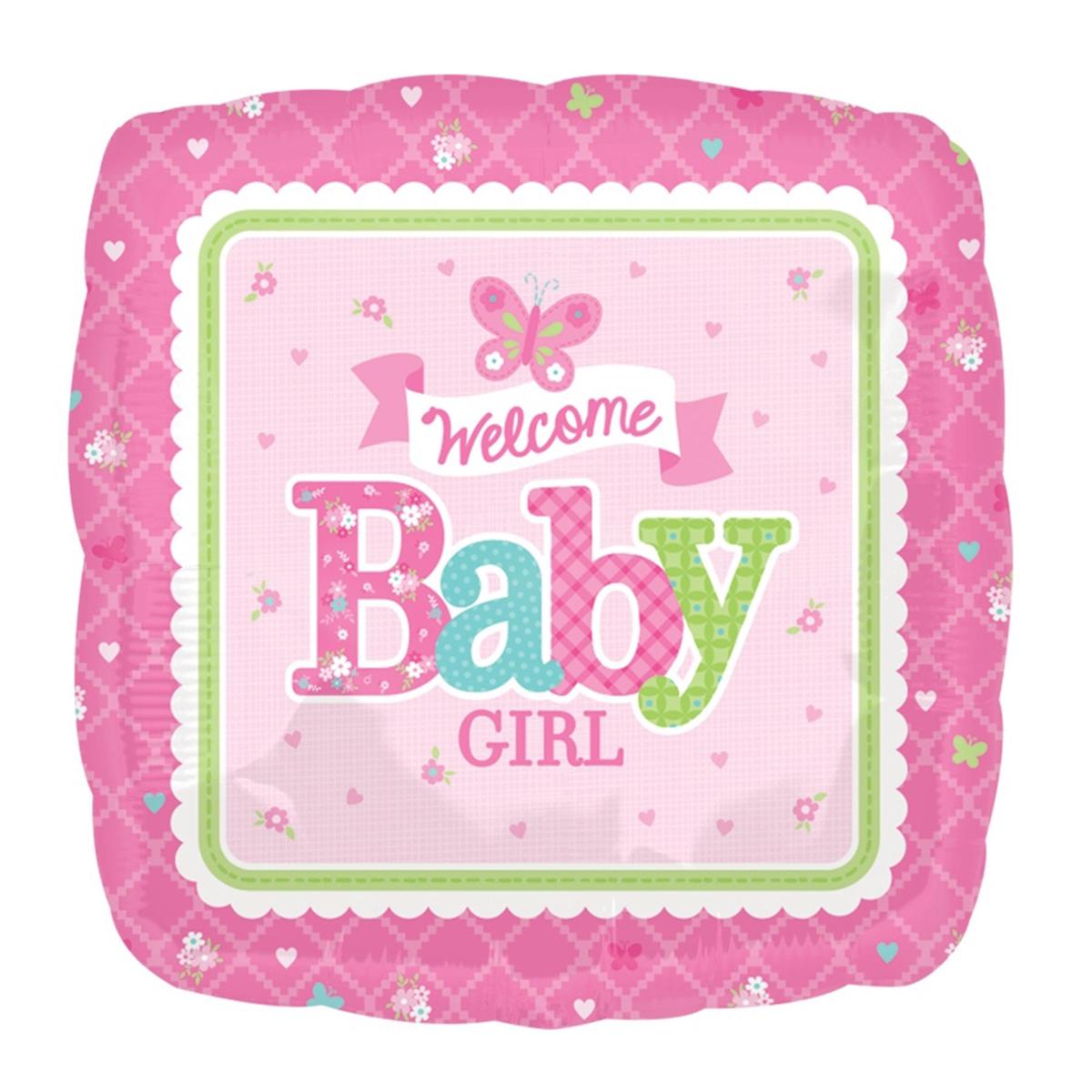 Welcome Baby Girl Butterfly Square Foil Balloon 18in Balloons & Streamers - Party Centre