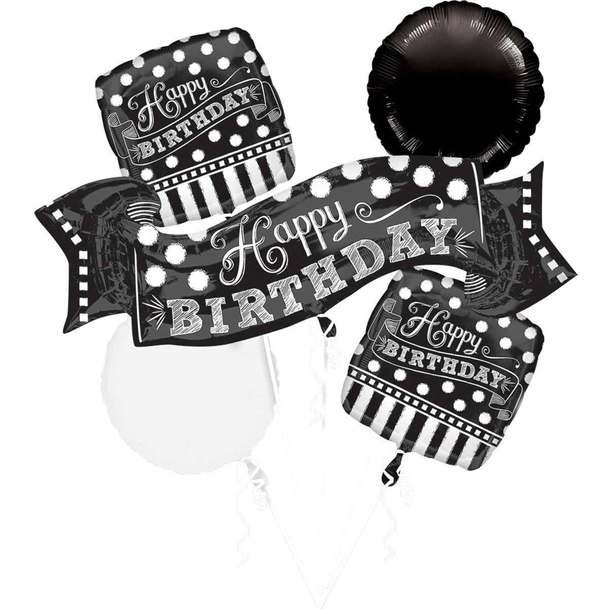 Black and White Chalkboard Birthday Bouquet 5pcs Balloons & Streamers - Party Centre