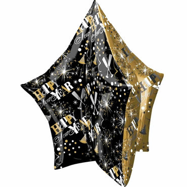 New Year Gold and Black Star UltraShape Balloon 81x86cm Balloons & Streamers - Party Centre