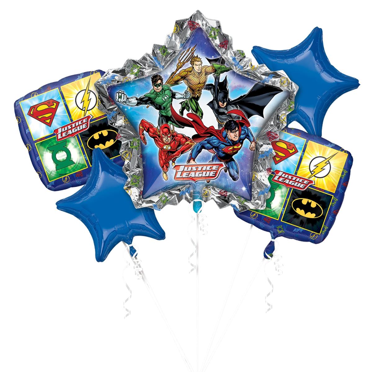 Justice League Birthday Bouquet 5pcs Balloons & Streamers - Party Centre