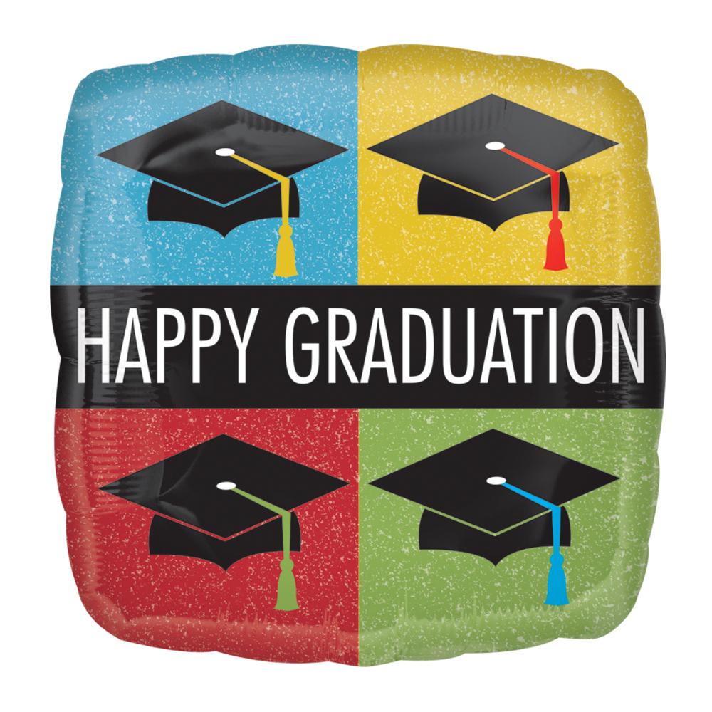 Happy Graduation Caps Square Foil Balloon 18in Balloons & Streamers - Party Centre
