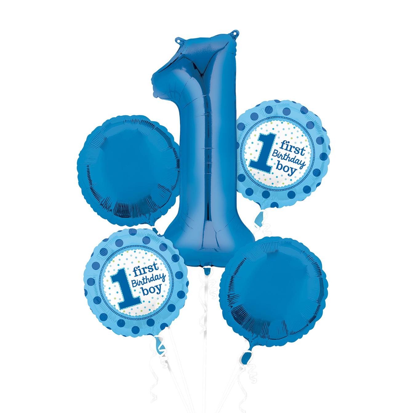 1st Birthday Boy Balloon Bouquet 5pcs Balloons & Streamers - Party Centre
