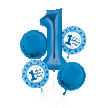 1st Birthday Boy Balloon Bouquet 5pcs Balloons & Streamers - Party Centre