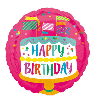Happy Birthday Fancy Flags Cake Foil Balloon 45cm Balloons & Streamers - Party Centre