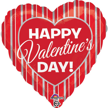 Happy Valentines Silver Stripes Foil Balloon 18in Balloons & Streamers - Party Centre
