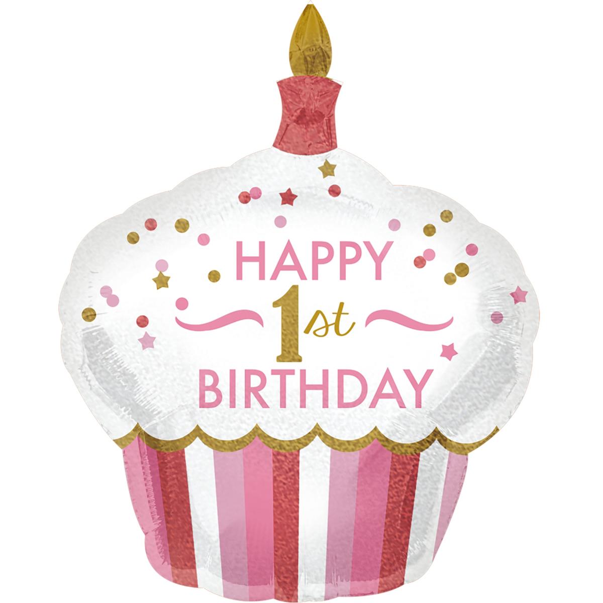 1st Birthday Cupcake Girl Holographic SuperShape Balloon Balloons & Streamers - Party Centre