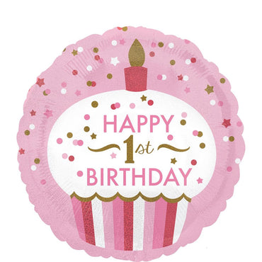 1st Birthday Cupcake Girl Holographic Foil Balloon 18in