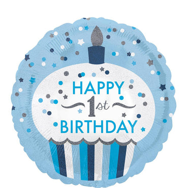 1st Birthday Cupcake Boy Holographic Foil Balloon 18in Balloons & Streamers - Party Centre