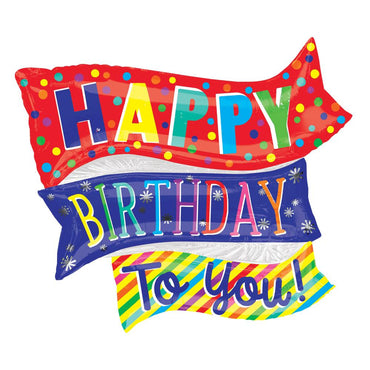 Happy Birthday Fun Flags SuperShape Foil Balloon 81x68cm Balloons & Streamers - Party Centre