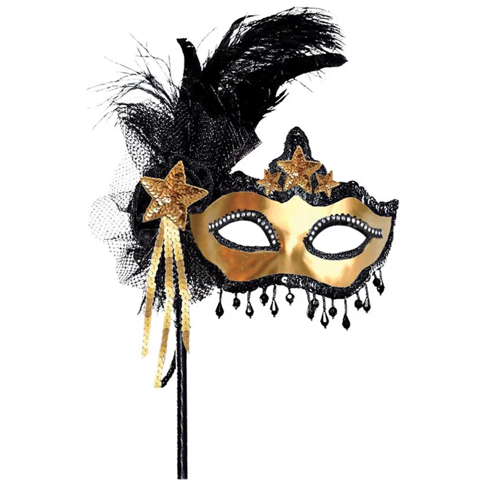 Glitz Mask On Stick Feather Black & Gold Party Accessories - Party Centre