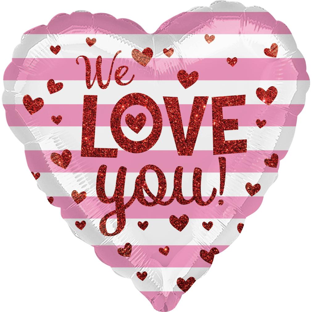 We Love You Glitter Hearts Foil Balloon 45cm Balloons & Streamers - Party Centre