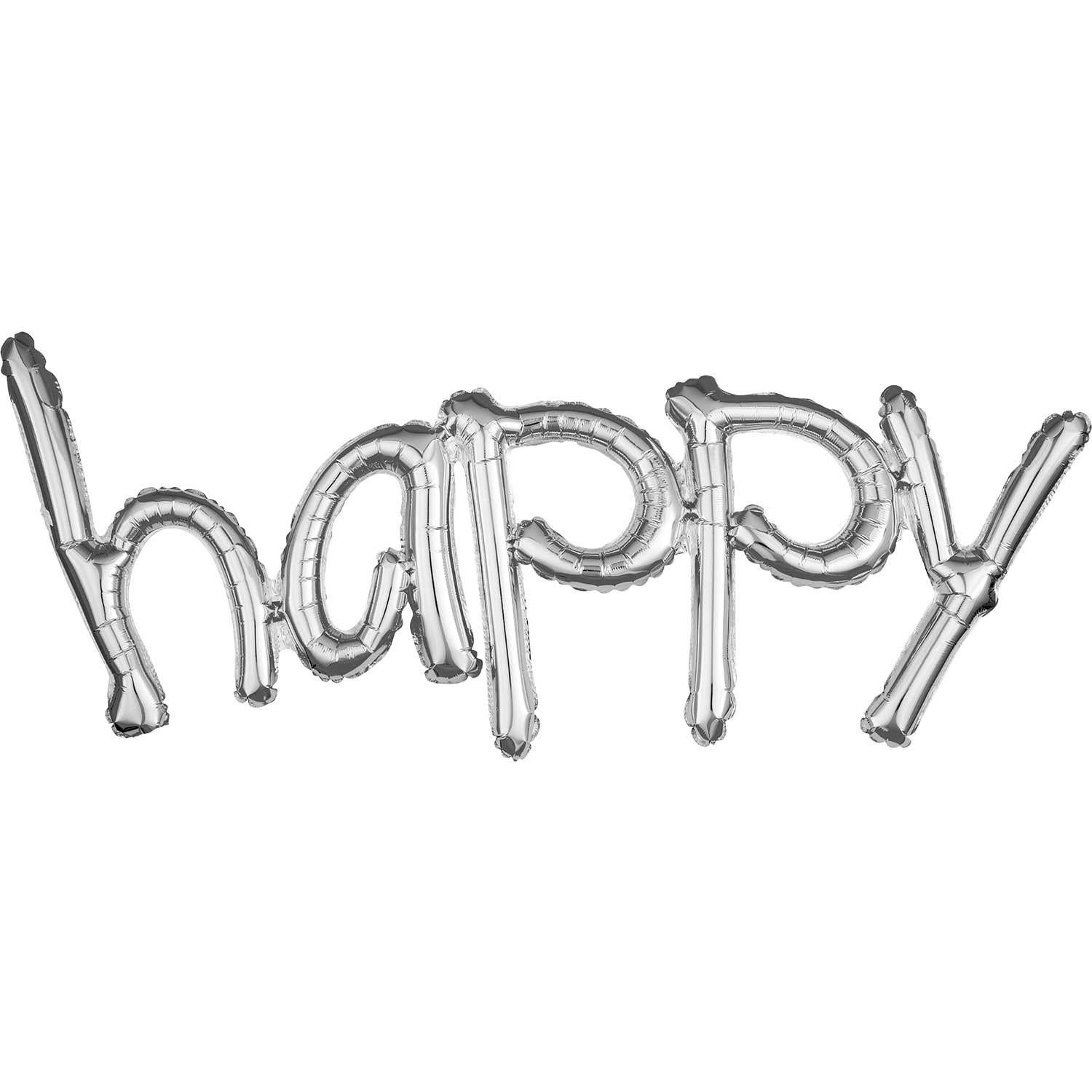Silver HAPPY Freestyle Phrase Foil Balloon 104x50cm Balloons & Streamers - Party Centre