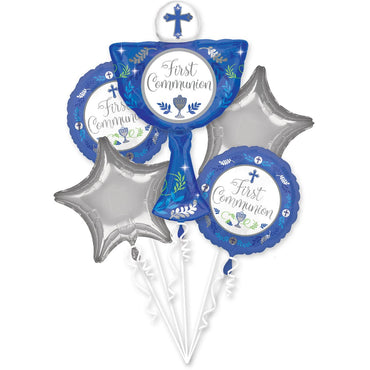 Communion Day Boy Balloon Bouquet 5pcs Balloons & Streamers - Party Centre