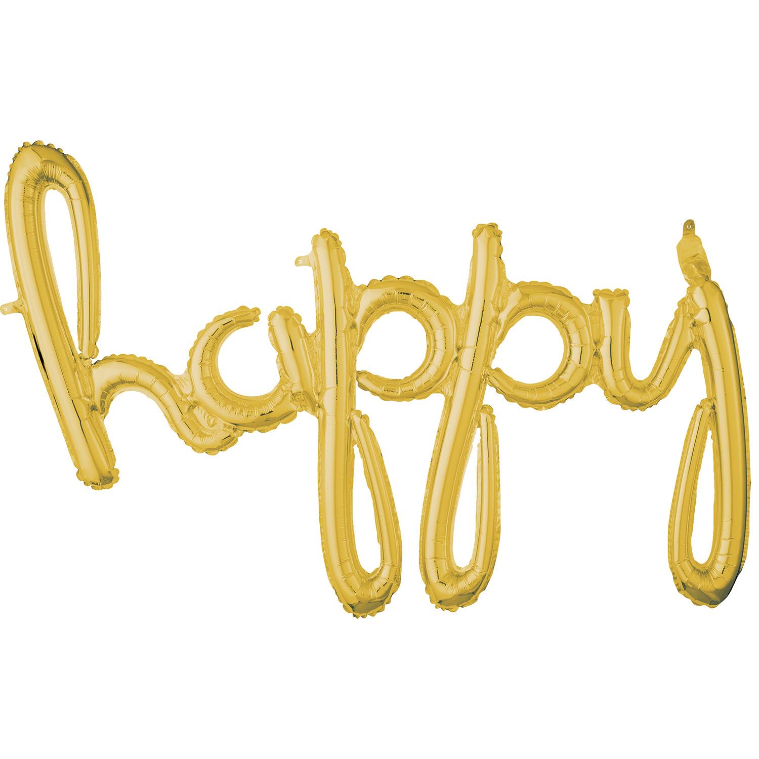 Gold Happy Script Phrase Foil Balloon 99x68cm Balloons & Streamers - Party Centre
