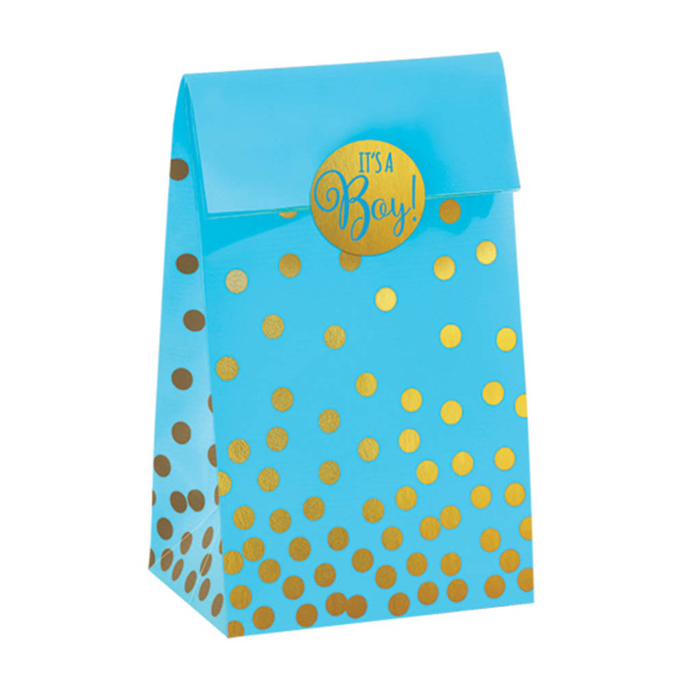 It's A Boy Blue Foil Stamped Paper Bags With Stickers 20pcs Favours - Party Centre