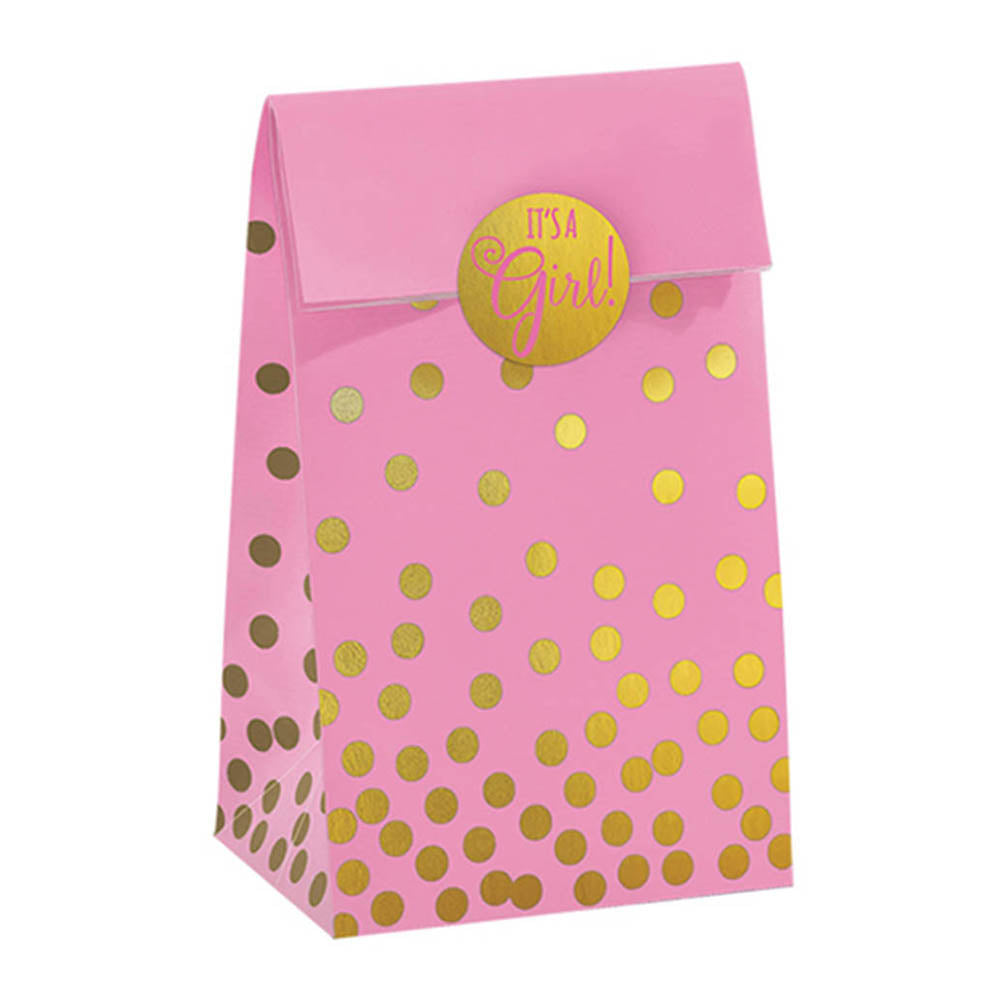Its' A Girl Pink Foil Stamped Paper Bags With Stickers 20pcs Favours - Party Centre
