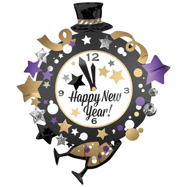 Happy New Year Clock SuperShape Foil Balloon 76x88cm Balloons & Streamers - Party Centre