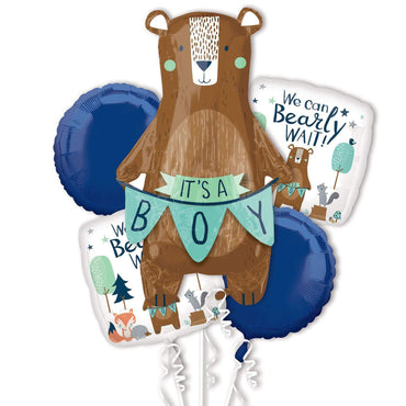 We Can Bearly Wait It's A Boy Balloon Bouquet 5pcs Balloons & Streamers - Party Centre