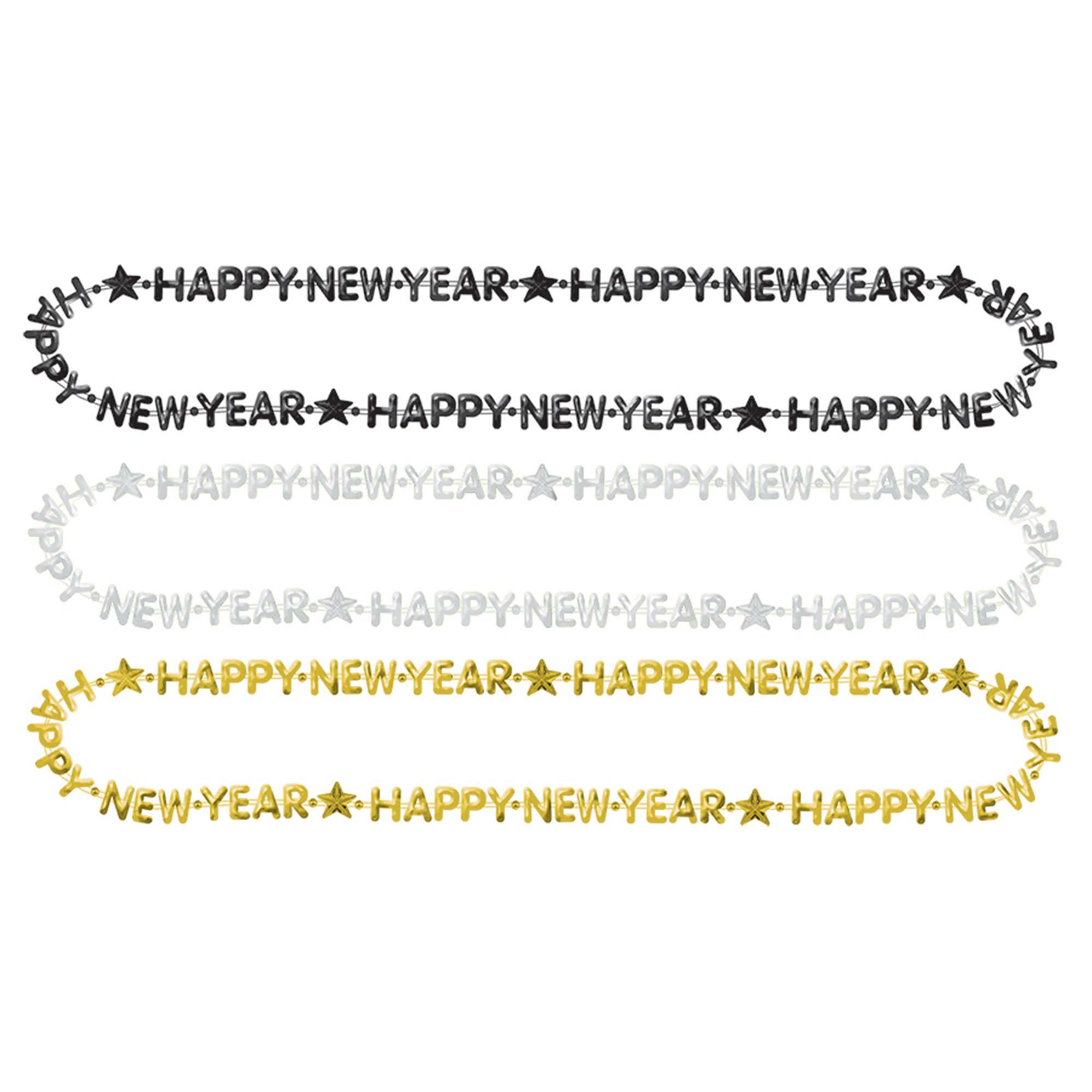 Happy New Year Bead Black Silver Gold Necklace Costumes & Apparel - Party Centre