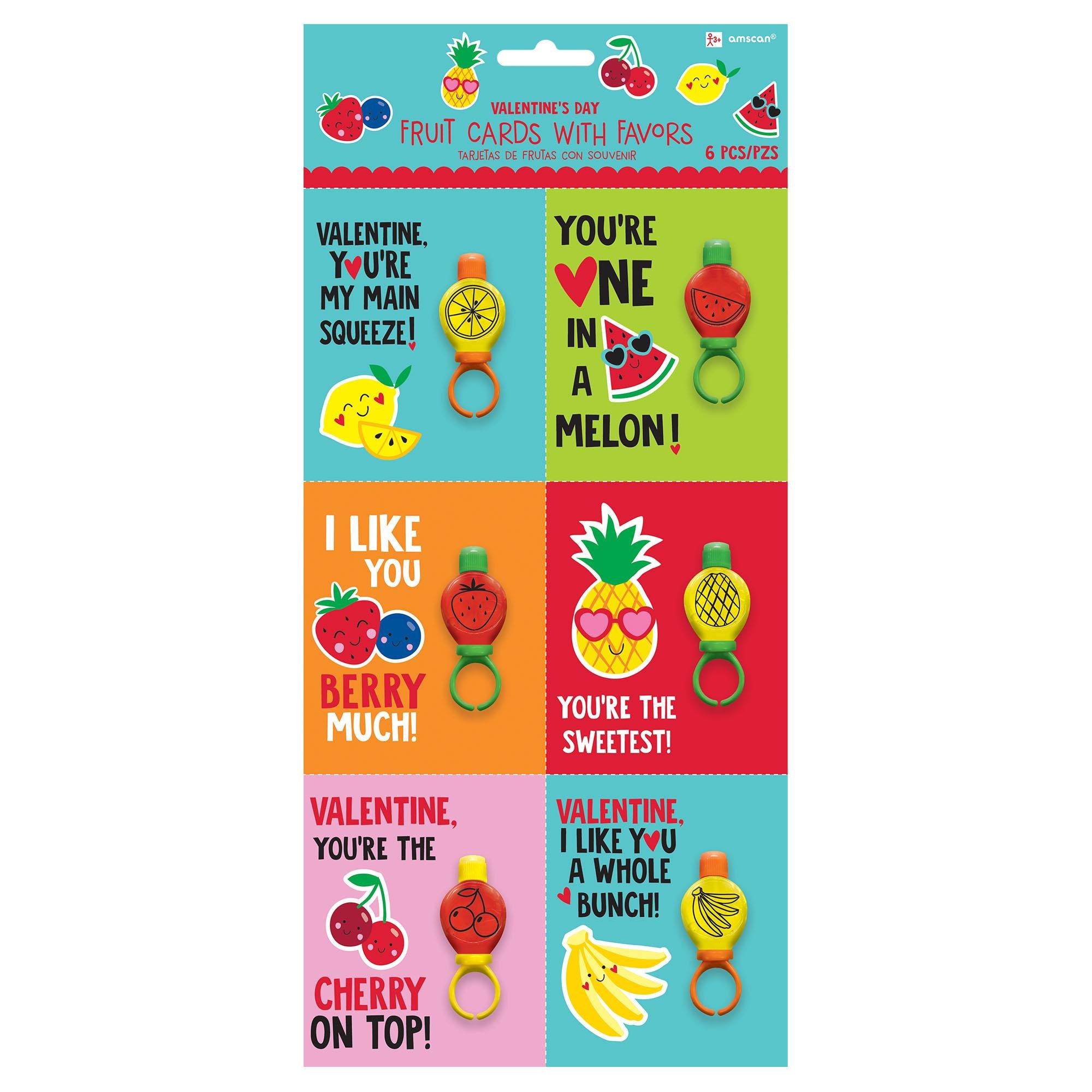 Fruit Valentine Cards With Bubble Ring 6pcs Favours - Party Centre