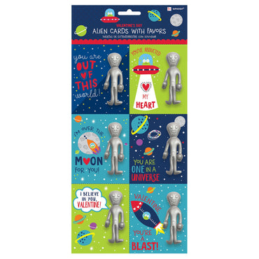 Alien Valentine Cards With Stretchy Figure 6pcs Favours - Party Centre