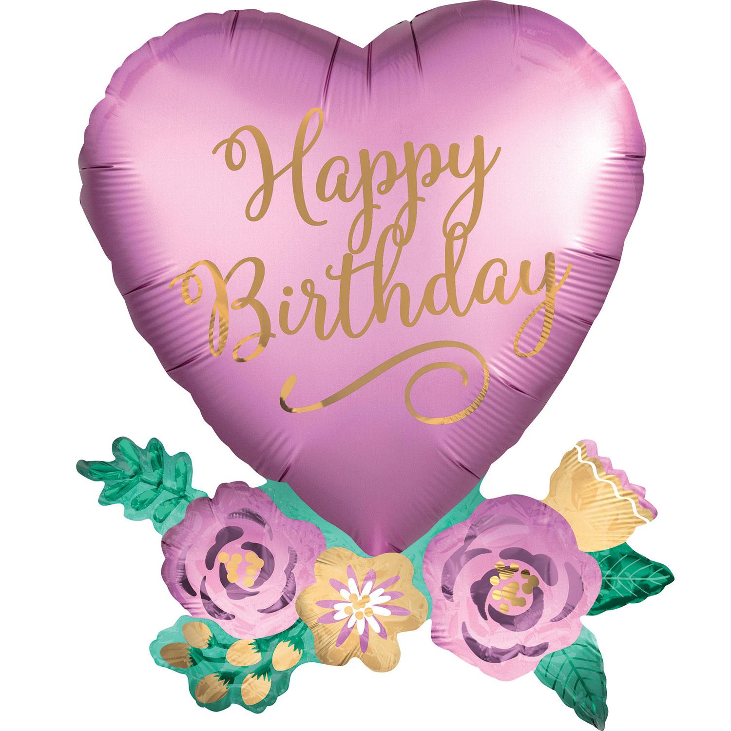 Birthday Satin Heart with Flowers SuperShape Balloon 58x76cm Balloons & Streamers - Party Centre