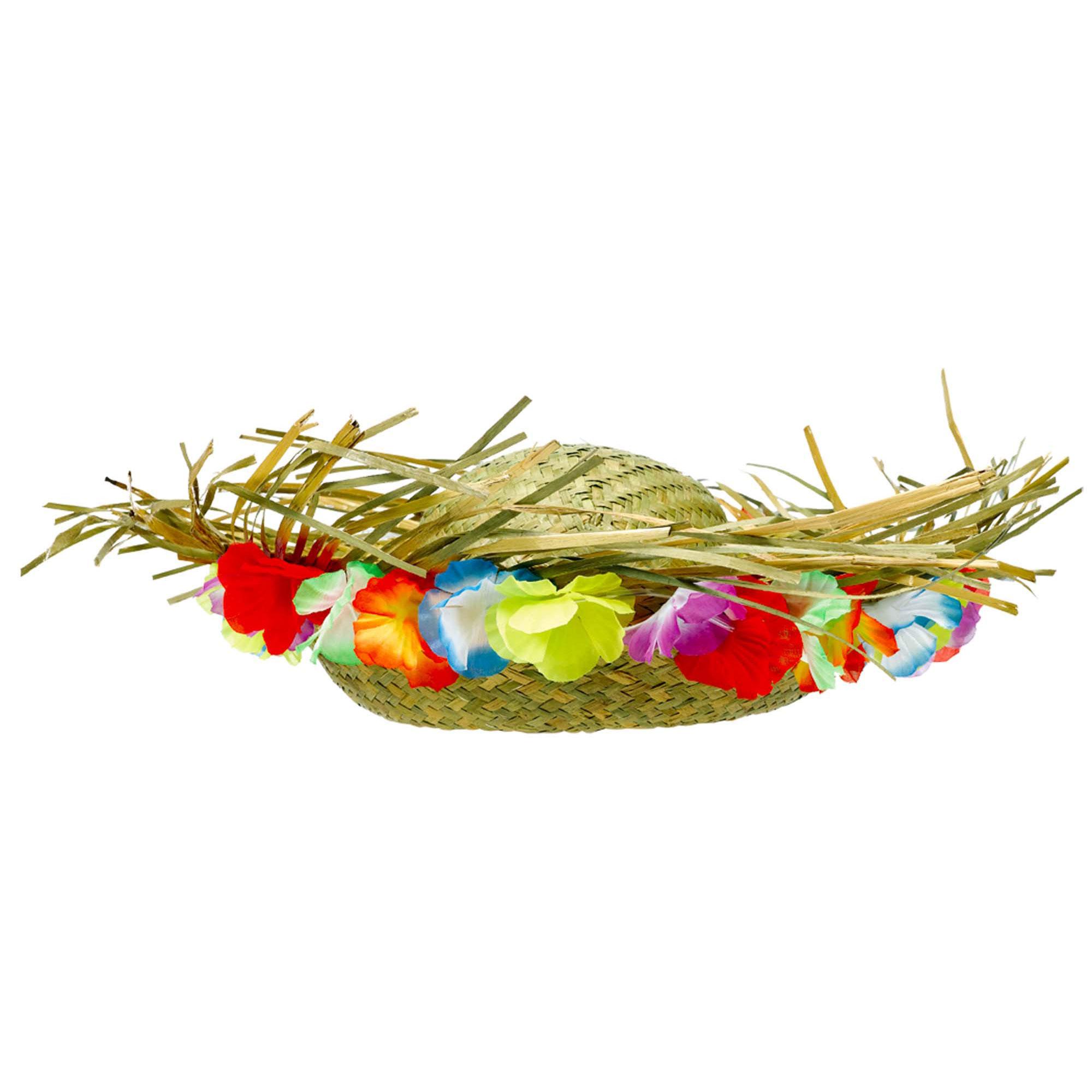 Straw Hat With Floral Trim Costumes & Apparel - Party Centre