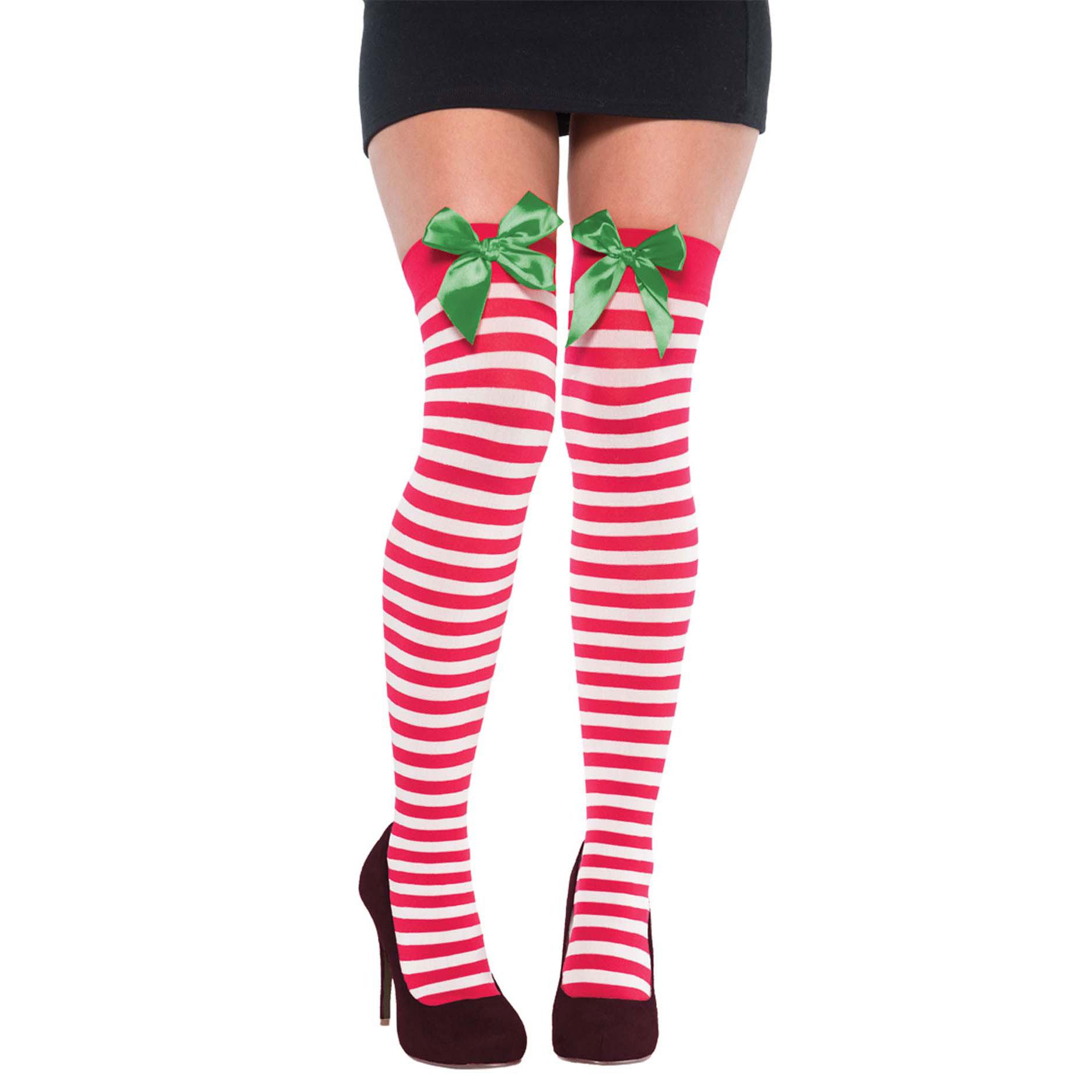 Holiday Striped Thigh High Socks with Ribbon Costumes & Apparel - Party Centre