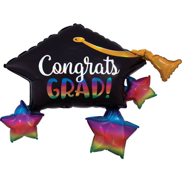 Graduation Cap & Stars Iridescent SuperShape Balloon 86x48cm Balloons & Streamers - Party Centre
