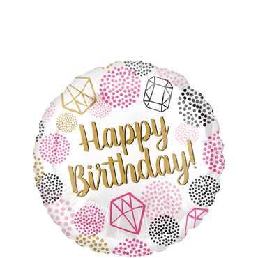 Happy Birthday Gems Round Foil Balloon 45cm Balloons & Streamers - Party Centre