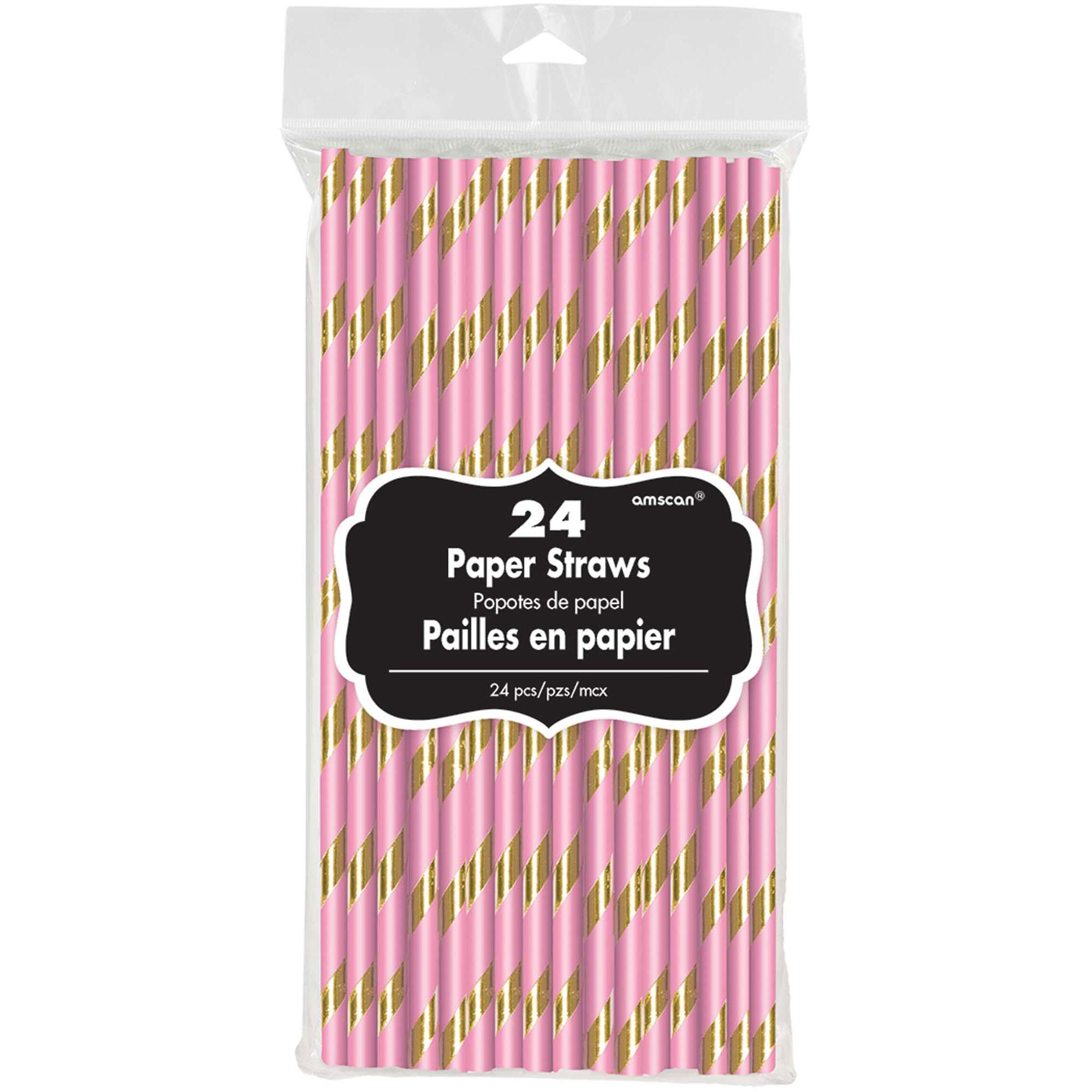 Pink With Gold Striped Paper Straws 24pcs Candy Buffet - Party Centre