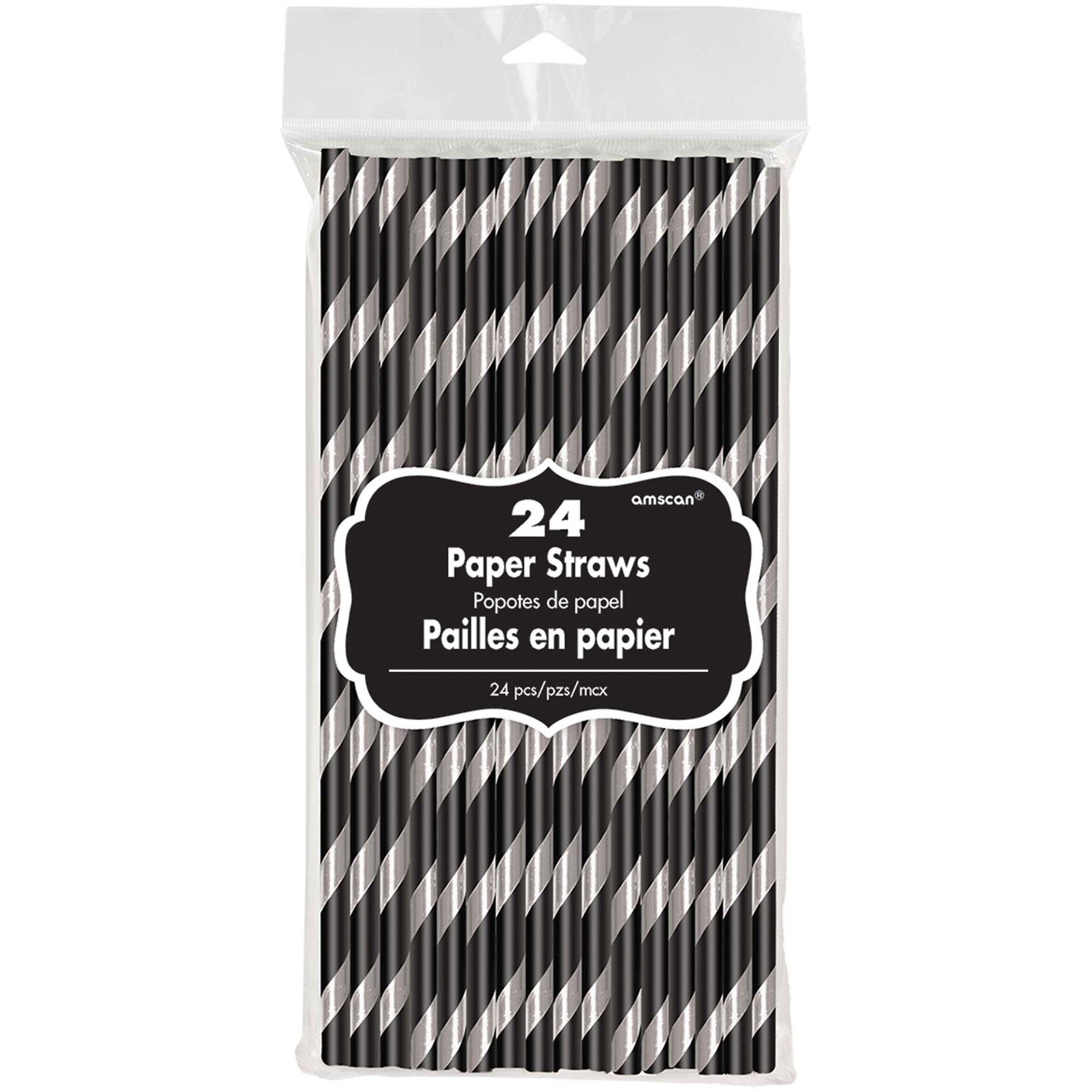 Black With Silver Striped Paper Straws 24pcs Candy Buffet - Party Centre